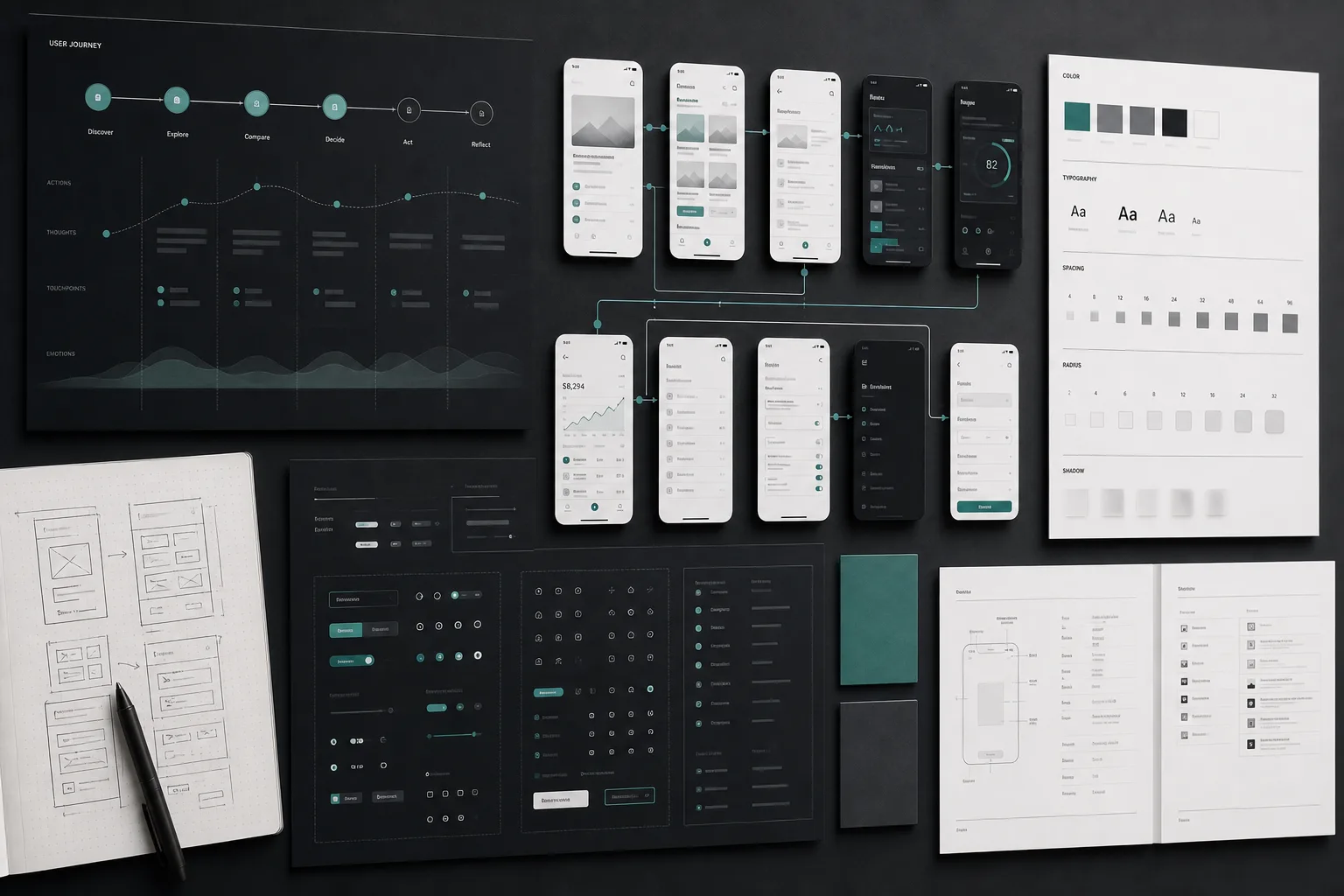 UI UX design process workspace with wireframes and prototypes